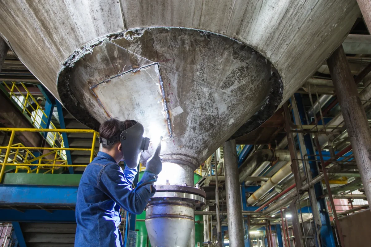 Welder repairing a stainless-steel silo cone and discharge area.