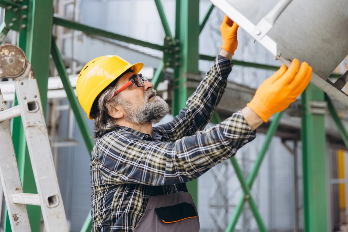 Worker in a hard hat and gloves checking a grain handling hopper.